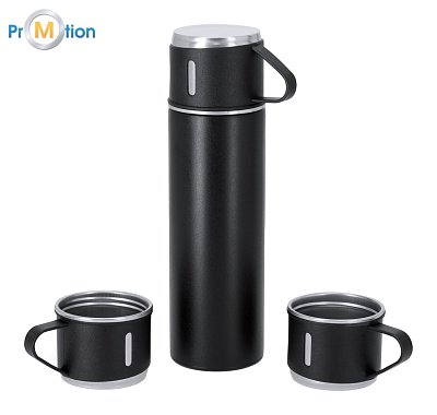 Set with thermos with cups, logo print, black