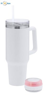 Thermo mug with speaker, white, logo print