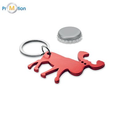 Keychain made of recycled aluminum in the shape of a red reindeer, laser logo