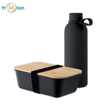 Bottle and lunch box gift set, black, logo print