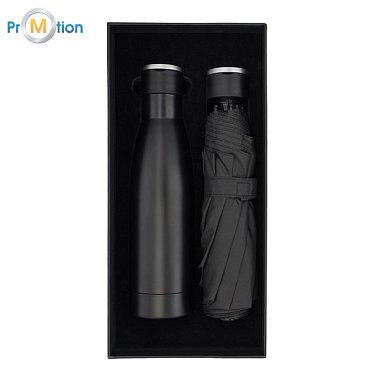 DOUBLET gift set of thermos and umbrella, black with logo print