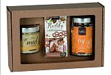 gift packaging of honey, tea, pretzels with logo printing