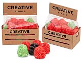 gelatin candies in the shape of raspberries, logo print