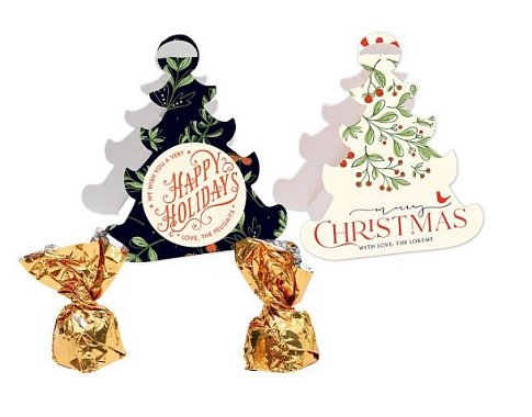 mini chocolates in a Christmas packaging with a printed logo